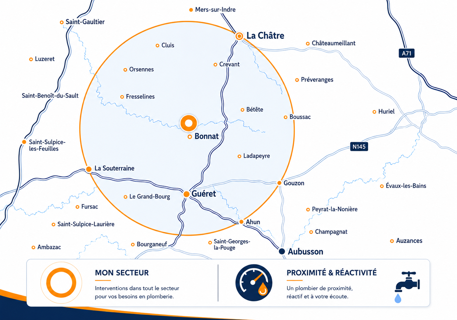 Carte de la zone d'intervention de Yannick Jennes, plombier à Bonnat : nord de la Creuse et sud de l'Indre