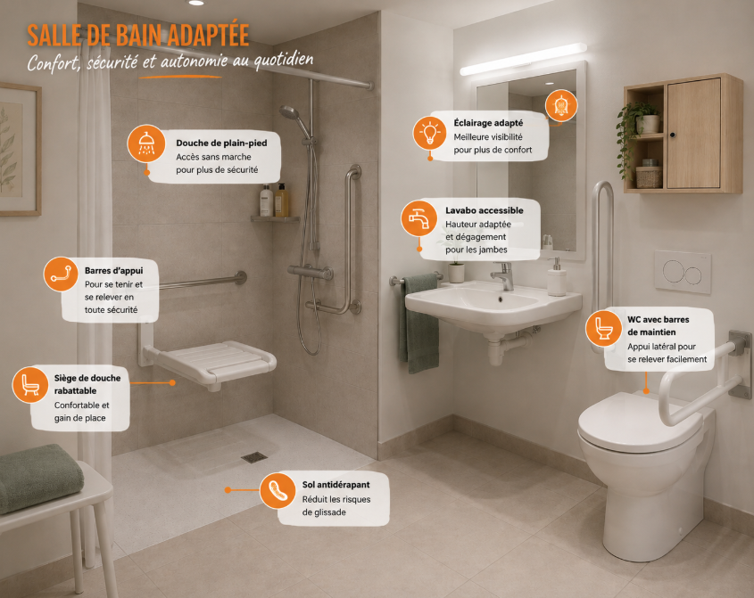 Salle de bains adaptée avec douche accessible réalisée par Yannick Jennes